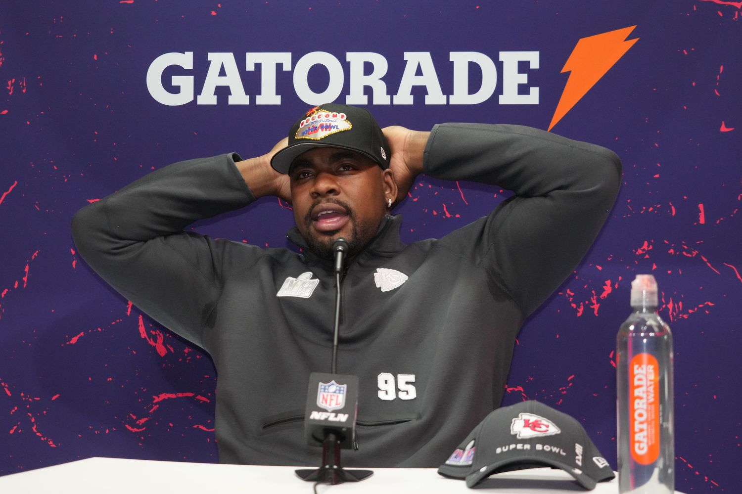 Feb 5, 2024; Las Vegas, NV, USA; Kansas City Chiefs defensive tackle Chris Jones (95) during Super Bowl LVIII Opening Night at Allegiant Stadium. Mandatory Credit: Kirby Lee-USA TODAY Sports  